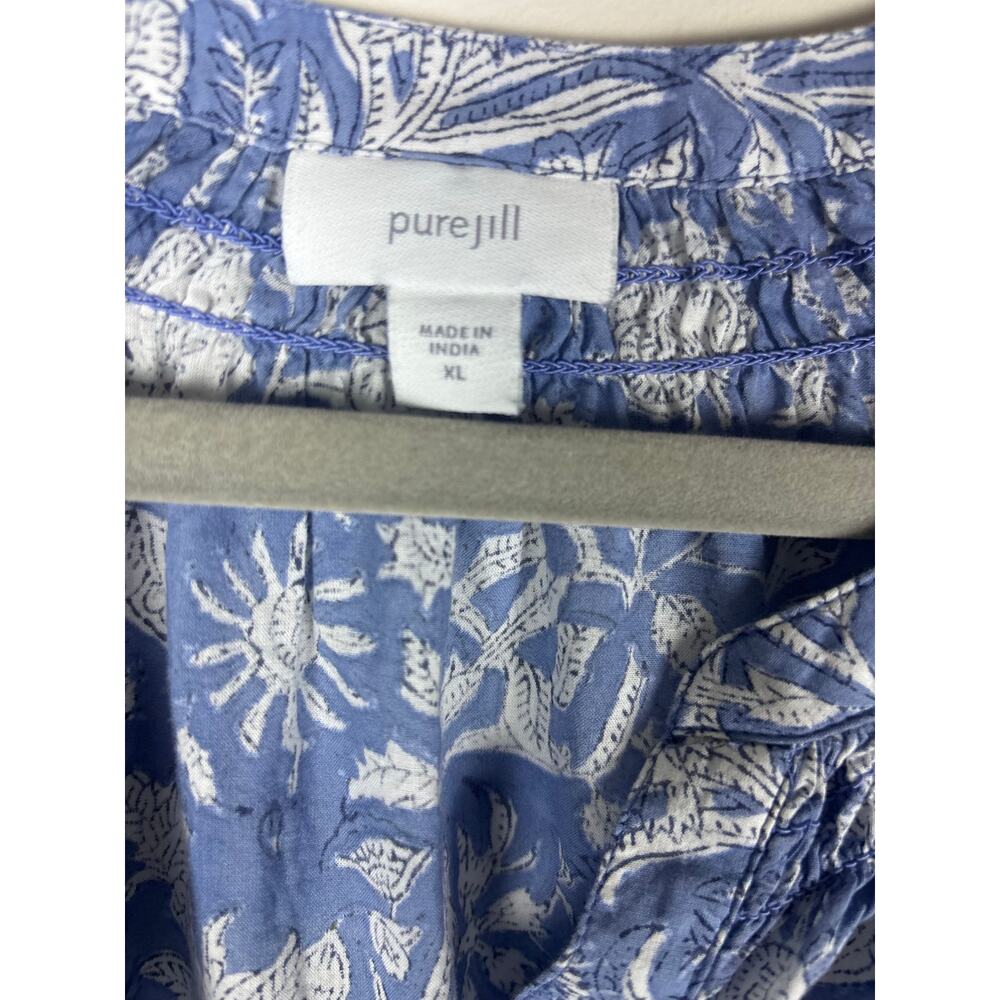 Pure Jill J Jill Womens XL Blue White Floral Border Print Cotton Blouse Boho - Picture 5 of 7